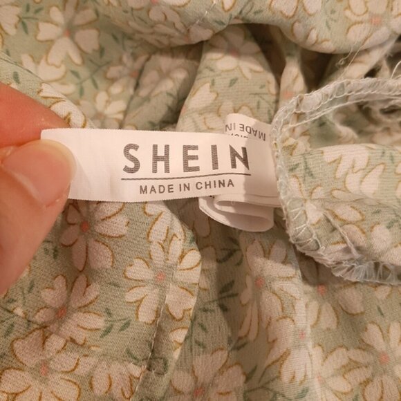 3/$20 SHEIN Floral Print Cami Dress Ruched Smocked Tiered Ruffle Babydoll Green - Picture 15 of 16